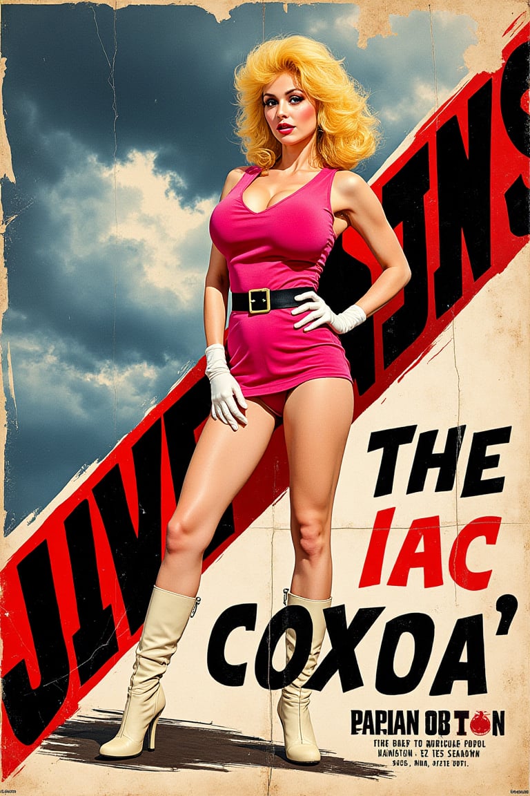 Dynamic cover image,  full-body framing,  1960s blonde bombshell standing defiantly center-frame against a stormy sky—wind...