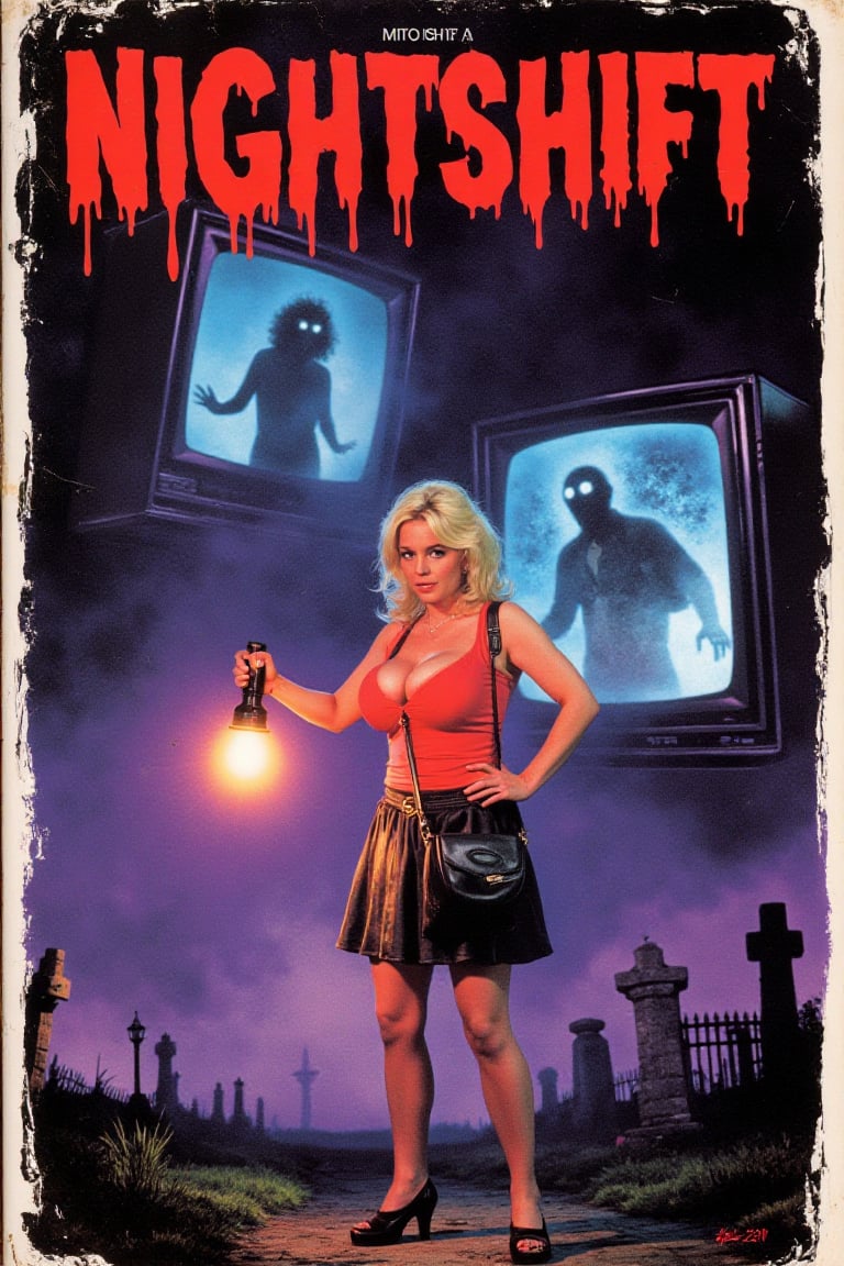 “Retro 80s horror VHS cover ,  Title in blood red text,  "NIGHTSHIFT" by Frazz99 on Tensor.Art