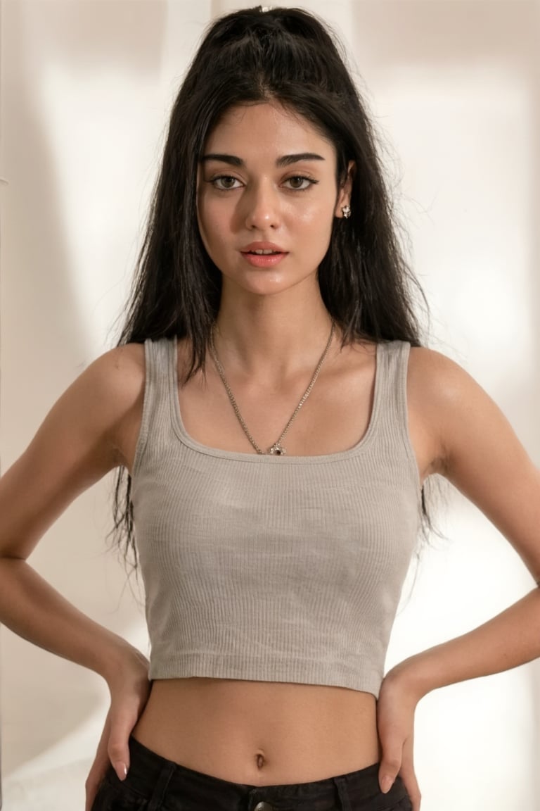 "mid-body portrait from navel up of a breathtaking seductive young woman with sun-kissed glowing skin,  high ponytail with...