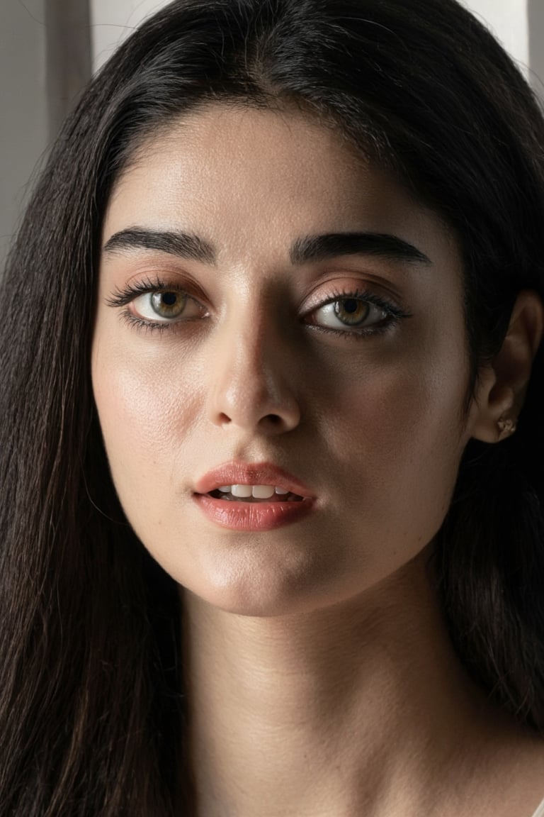 "extreme close-up portrait of a stunning seductive woman with flawless glowing skin,  long dark wavy hair framing her face...