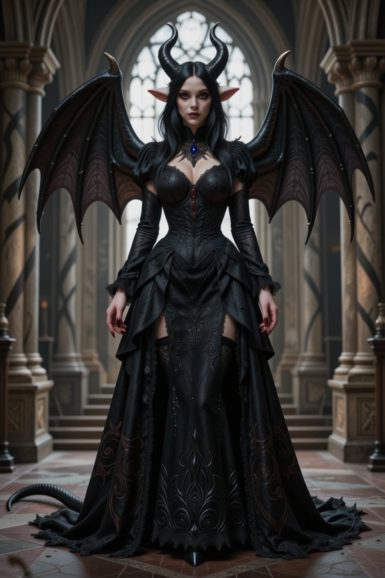 Create a gothic illustration featuring a creature named Gyumi. Gyumi has horns,  a long tail,  and wings by Daemon666 on T...