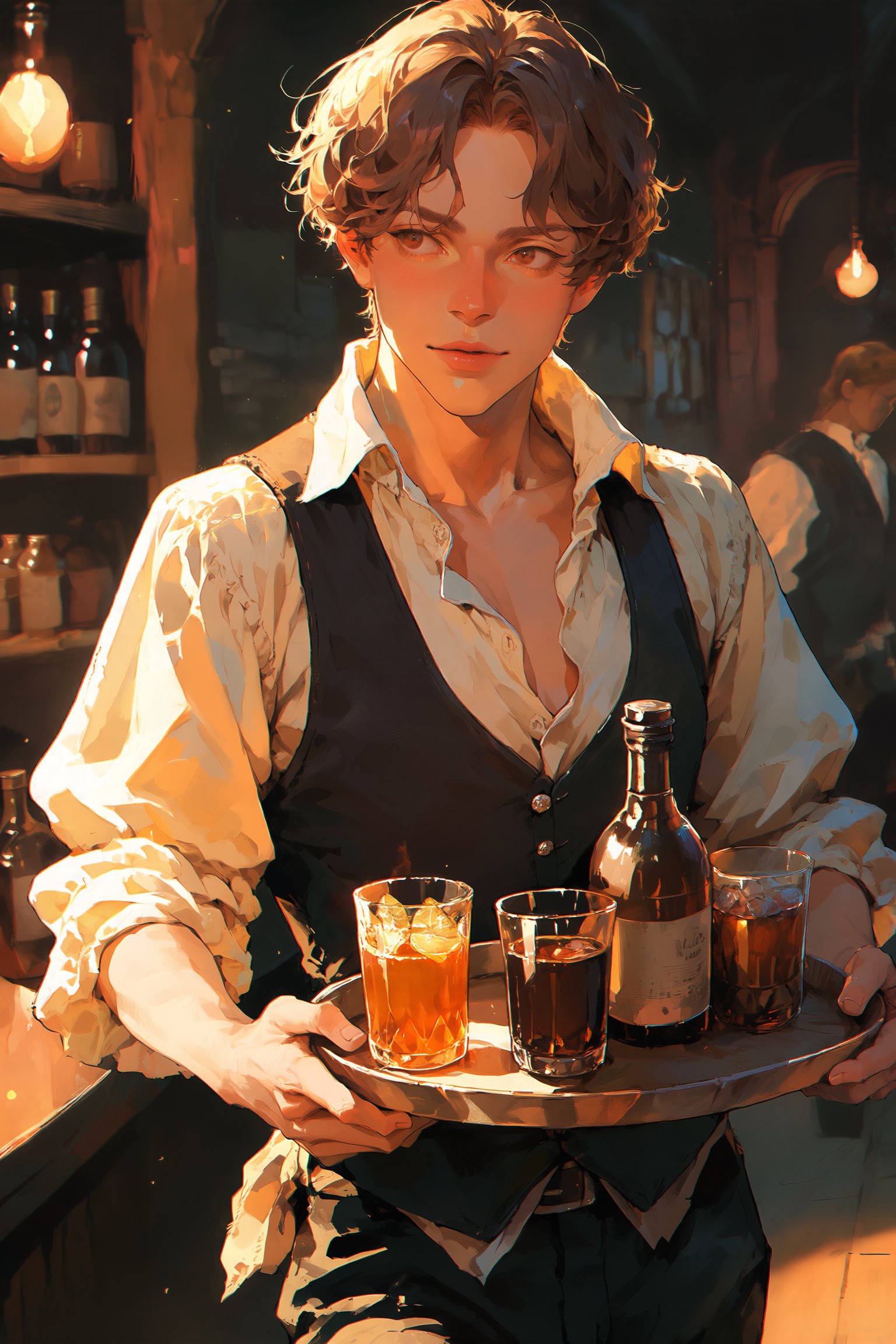 a warm depiction of tavern wench carrying a tray of drinks,  short brown hair,  fair skin by Solar on Tensor.Art