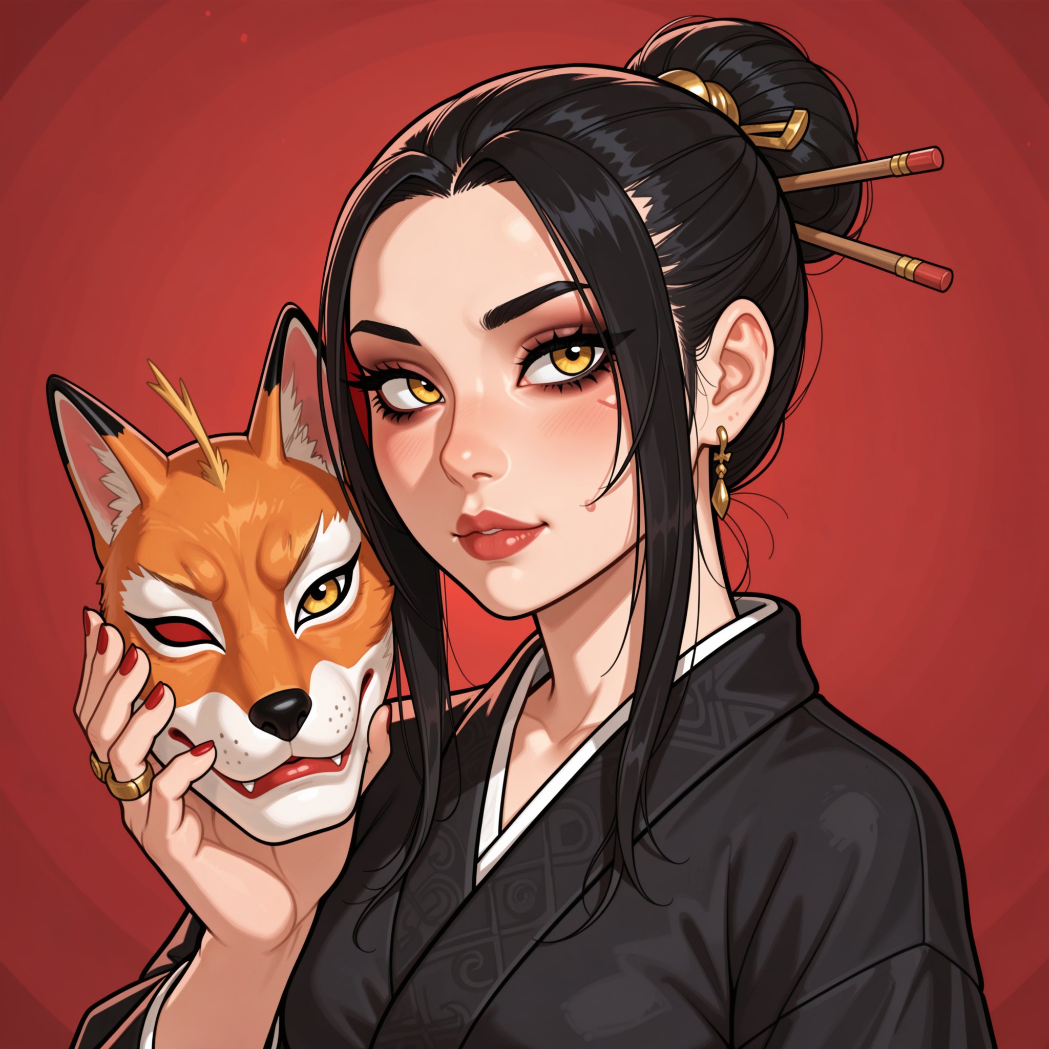 Vv.LXVIII - Acumen. bold lines. a beautiful girl with long black hair in a single bun adorned with hair sticks and hairpin...