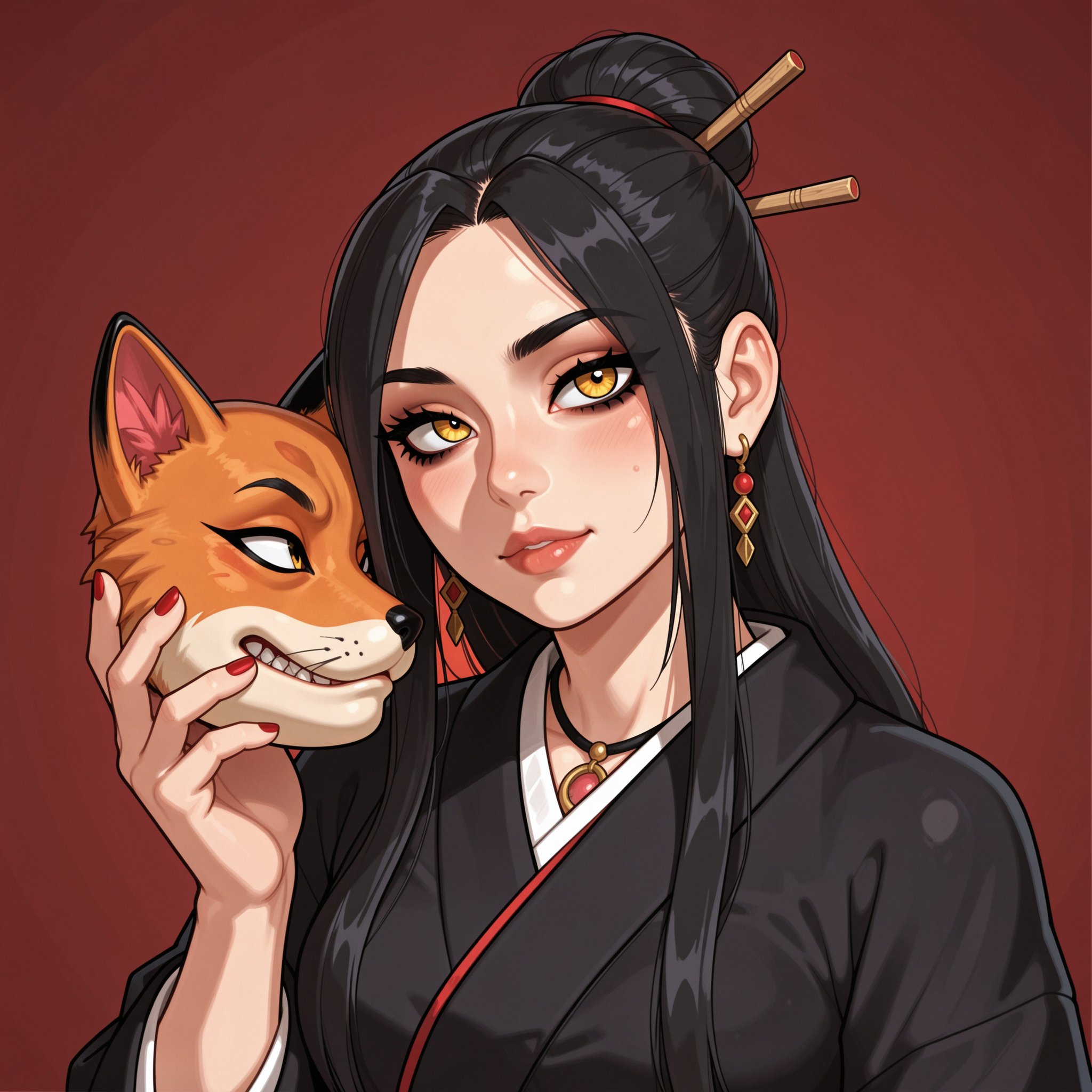 Vv.LXVIII - Acumen. bold lines. a beautiful girl with long black hair in a single bun adorned with hair sticks and hairpin...