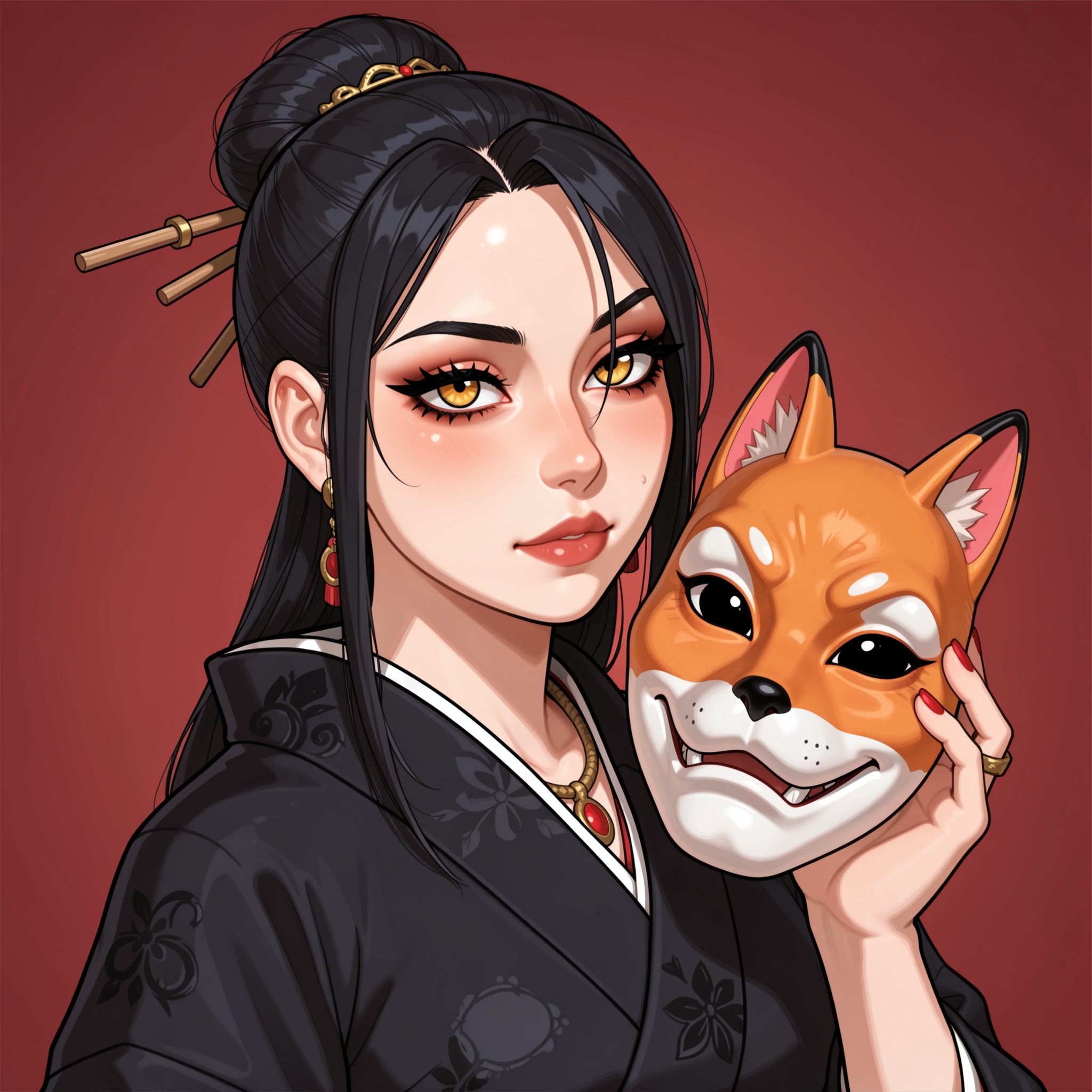 Vv.LXVIII - Acumen. bold lines. a beautiful girl with long black hair in a single bun adorned with hair sticks and hairpin...