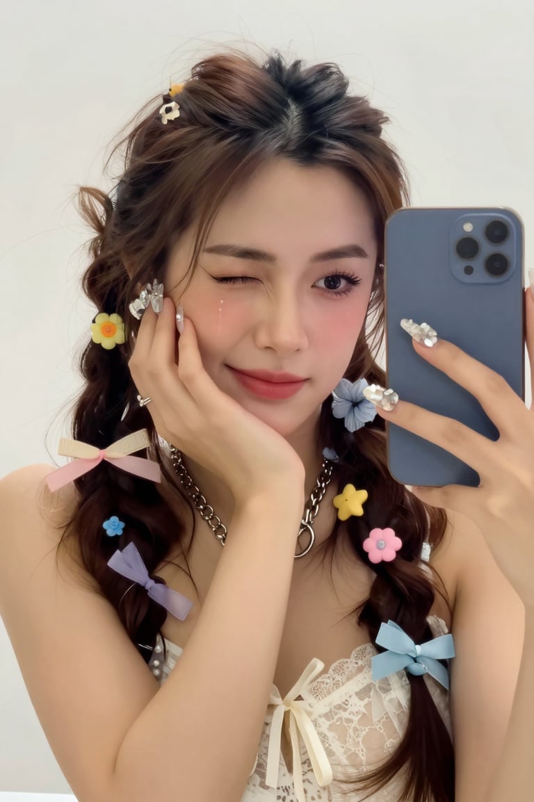mirror selfie of a stylish young woman with dark black eyes winking with a playful expression,  head slightly tilted,  one...