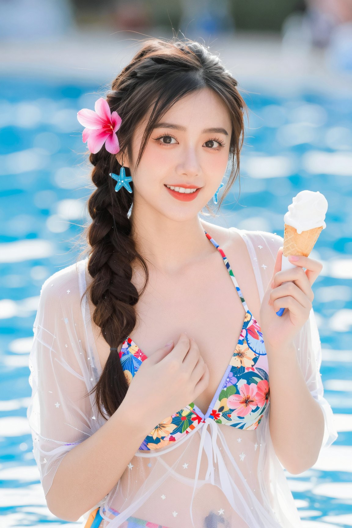 beautiful young woman with dark 编发 and a flower behind her ear,  wearing a floral bikini and starfish earrings,  holding a...