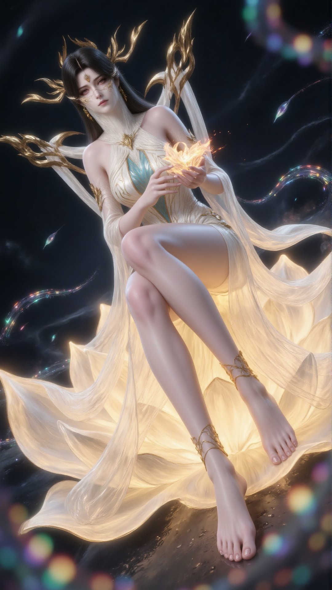 a medium-angle shot of a woman in a flowing white dress adorned with a white scarf around her neck is adorned with golden...