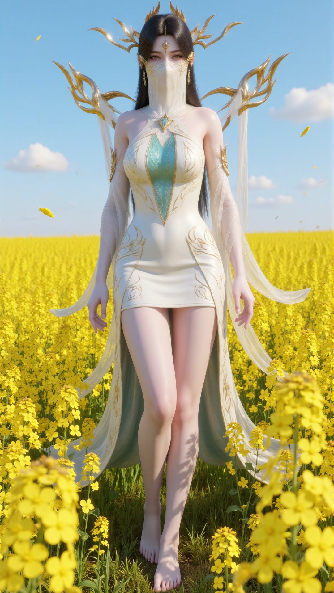 a 3D rendering of a woman stands in a field of yellow flowers. She is dressed in a white dress adorned with a white mask c...