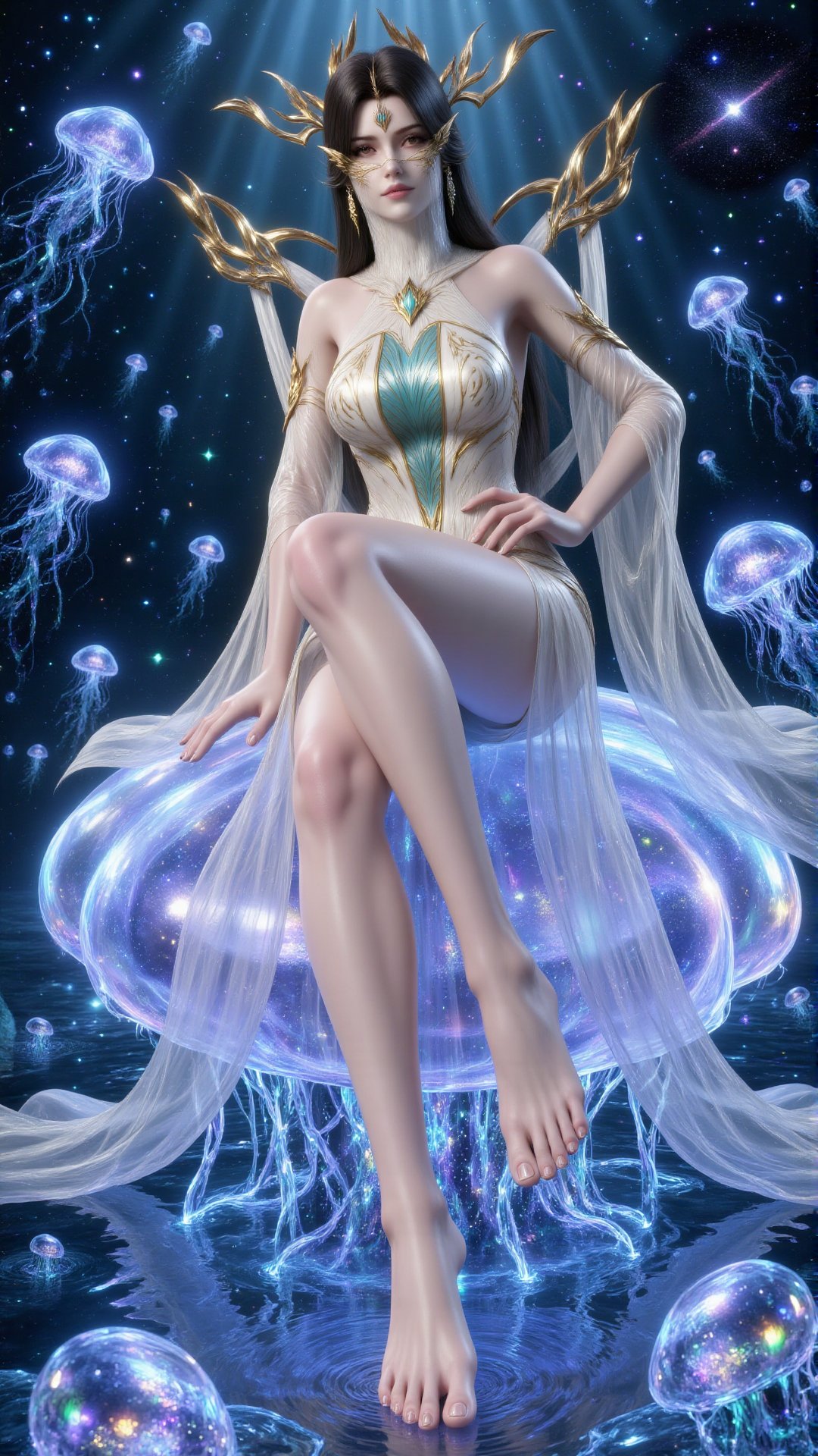 a 3D rendering of a mermaid is depicted in a stunning pose. She is adorned with a green bodysuit adorned with gold accents...