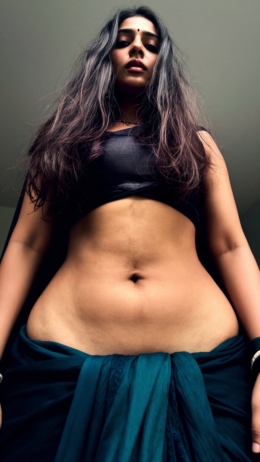 A worm’s-eye view low-angle shot captures a Mallu young slim woman with a seductive expression. Her long,  wavy hair casca...