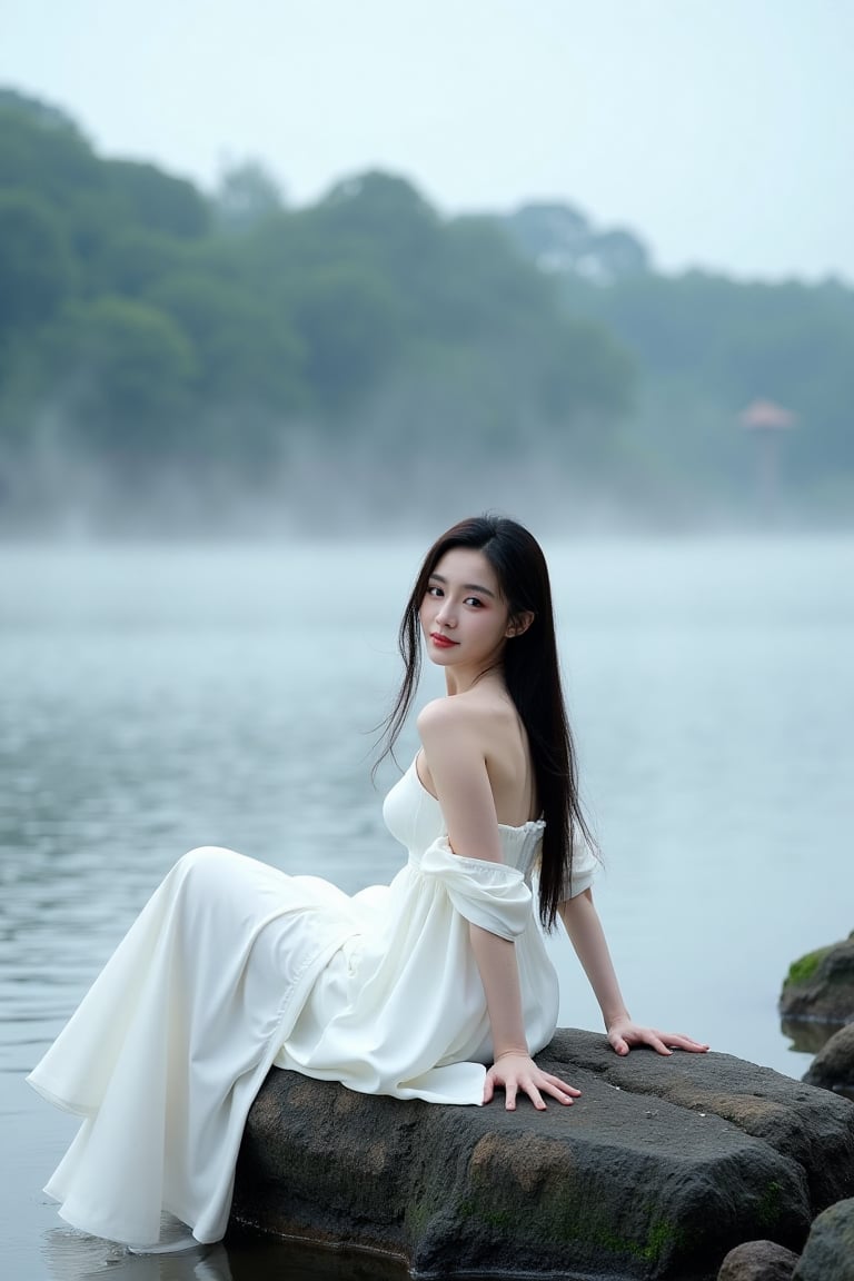Asian woman dressed in a white dress,  sitting on a rock by the river,  her hair hanging freely. Panoramic composition by...
