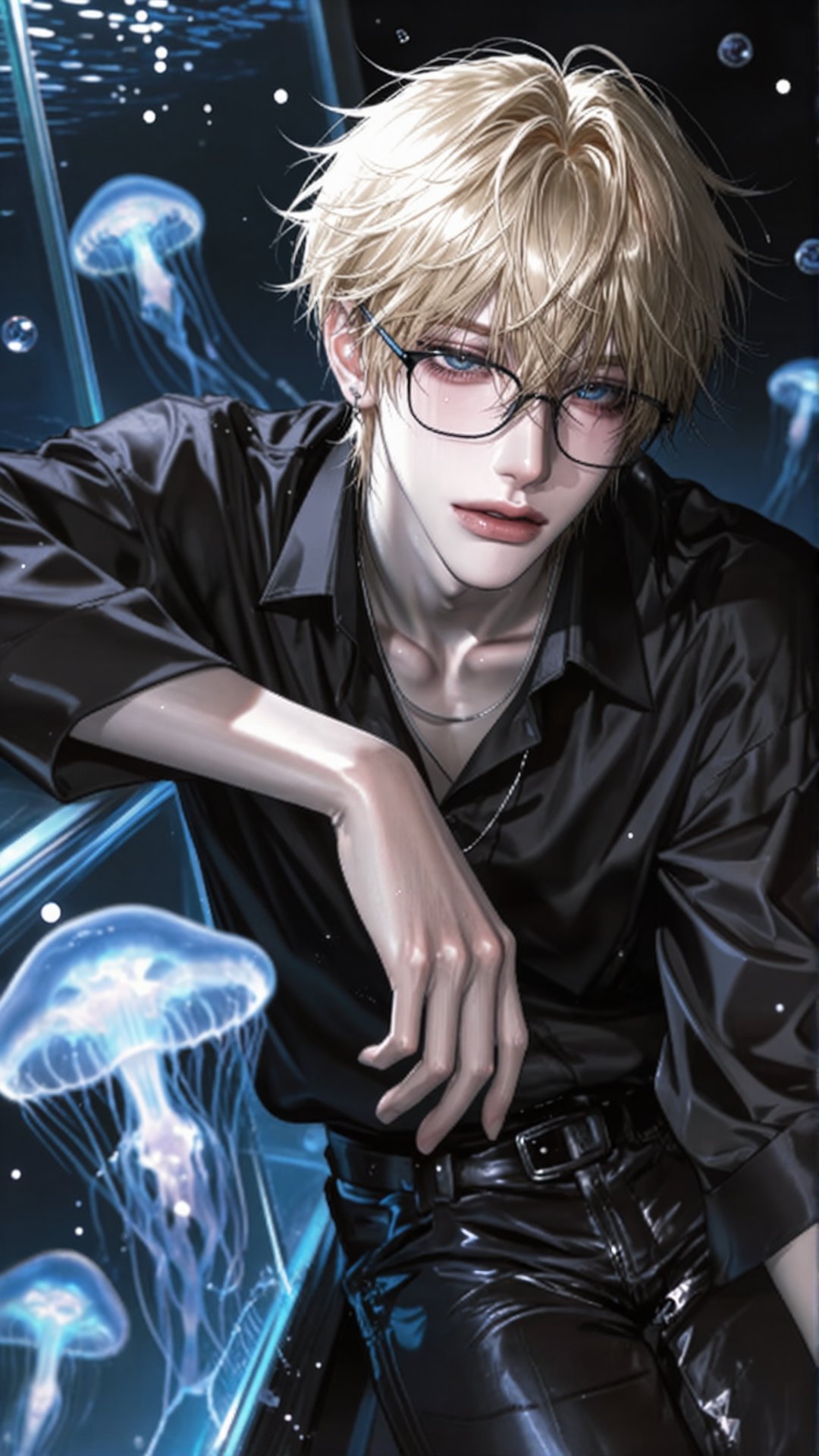 character: ((aquarium tunnel background,  deep blue lighting)) ((1man,  male by nerance on Tensor.Art