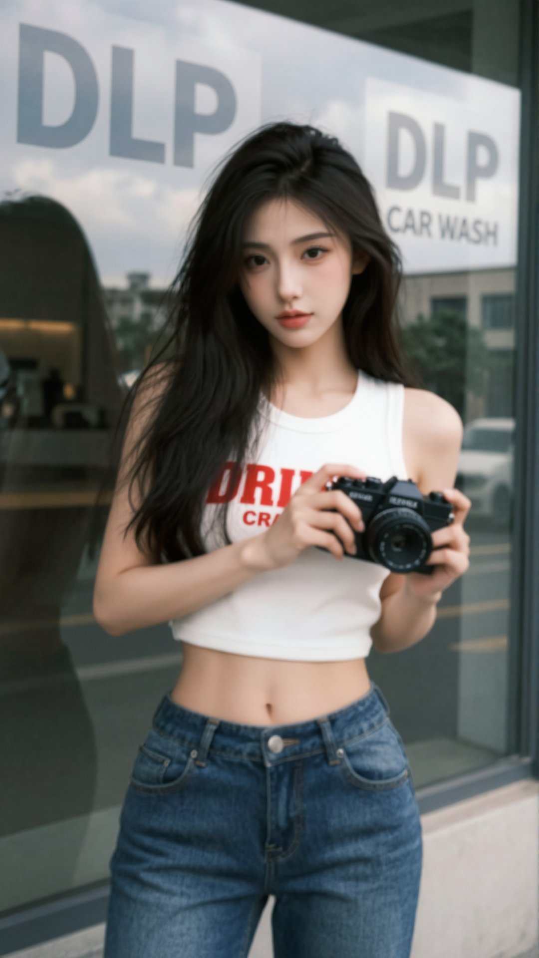 photograph of an asian woman with long,  wavy black hair,  standing outdoors in front of a glass window by Dragon God on T...