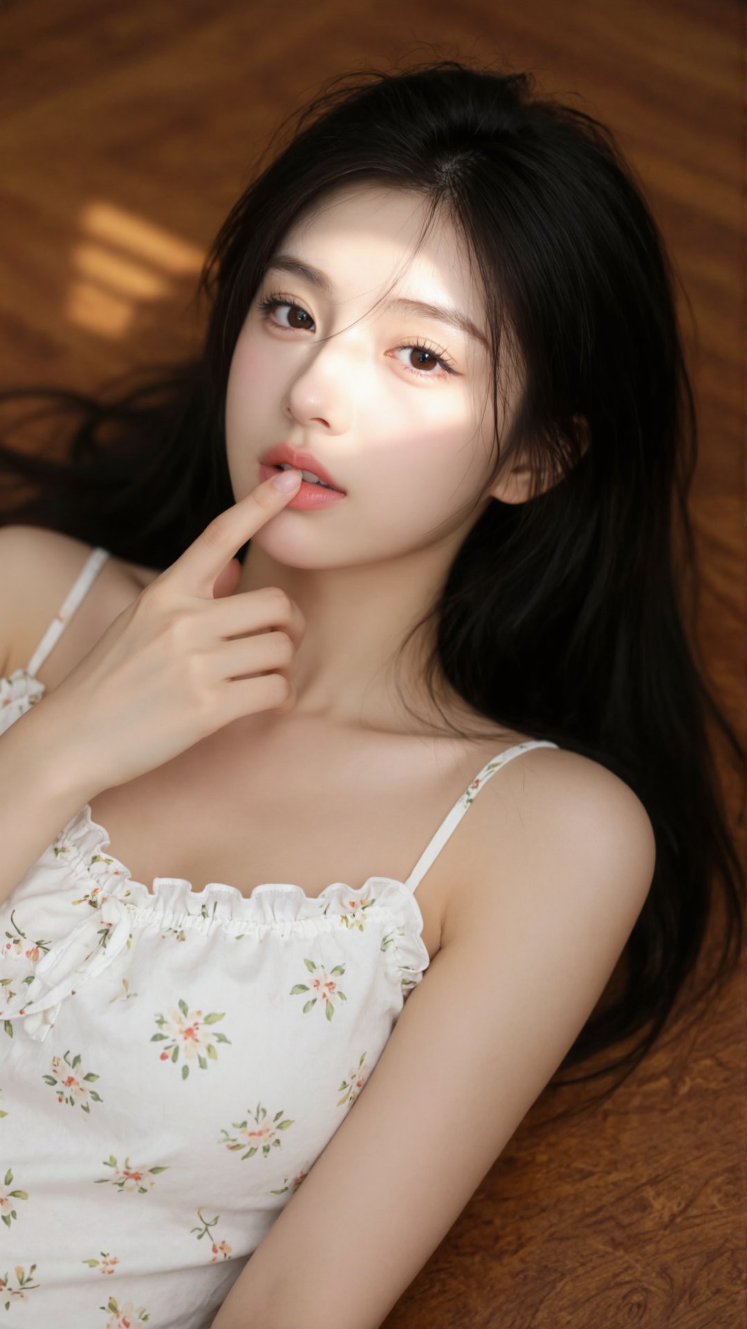 photograph of an east asian woman with long,  straight black hair lying on a wooden surface,  she has fair skin and is wea...