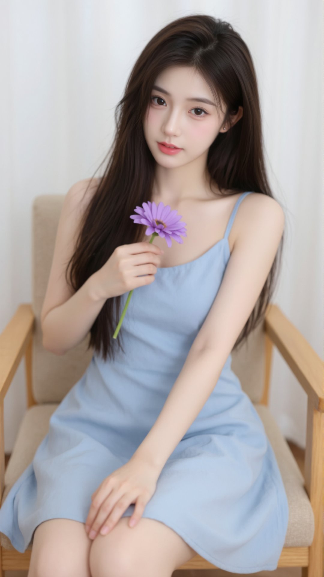 Photograph of a young Asian woman with fair skin and long,  straight dark brown hair. She is seated on a light wooden chai...