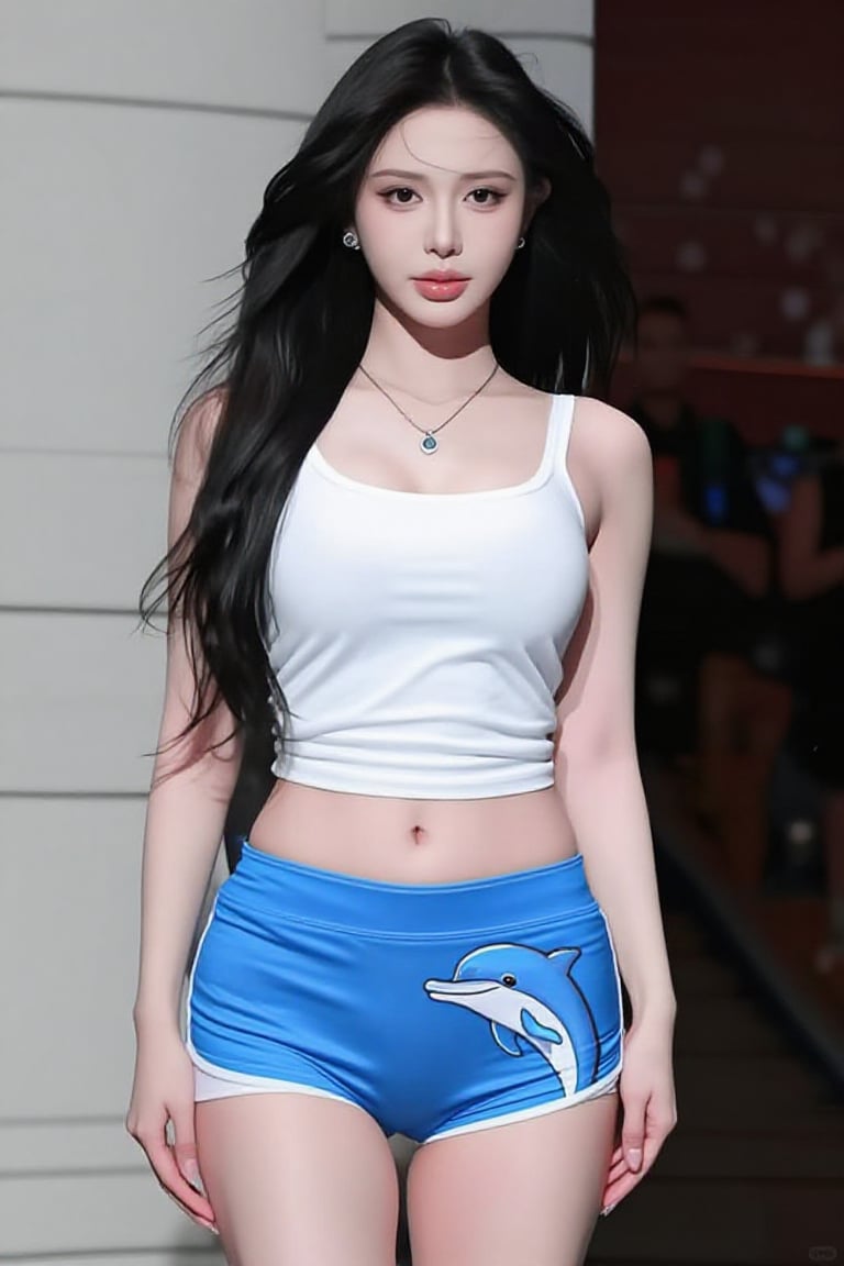 1girl solo looking at viewer long hair black hair navel jewelry standing shorts midriff necklace short shorts tank top blu...