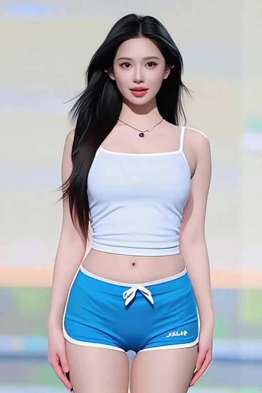 1girl solo looking at viewer long hair black hair navel jewelry standing shorts midriff necklace short shorts tank top blu...