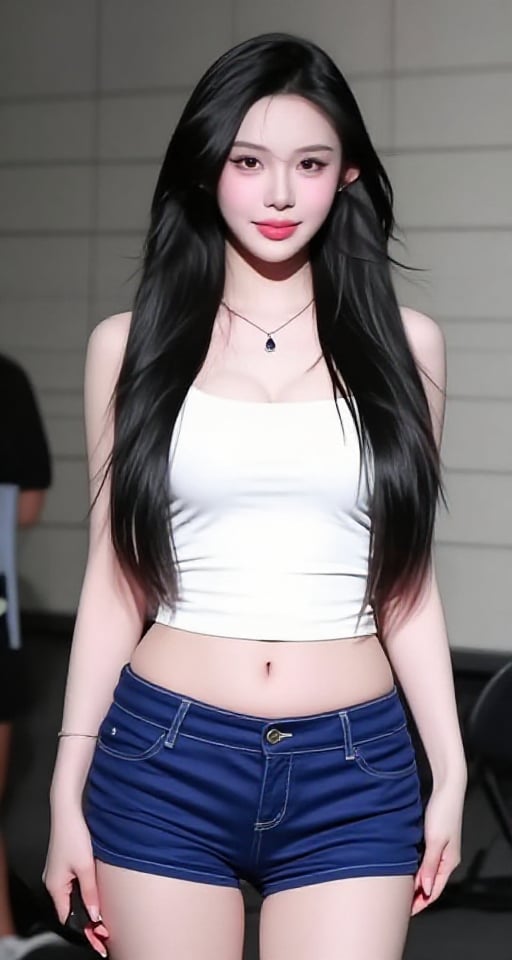 1girl solo long hair black hair navel jewelry standing shorts midriff necklace short shorts tank top blue shorts realistic...