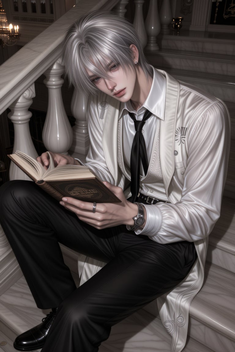 Luxury fashion editorial,  elegant aristocratic young man sitting on a marble staircase,  one knee raised by nerance on Te...