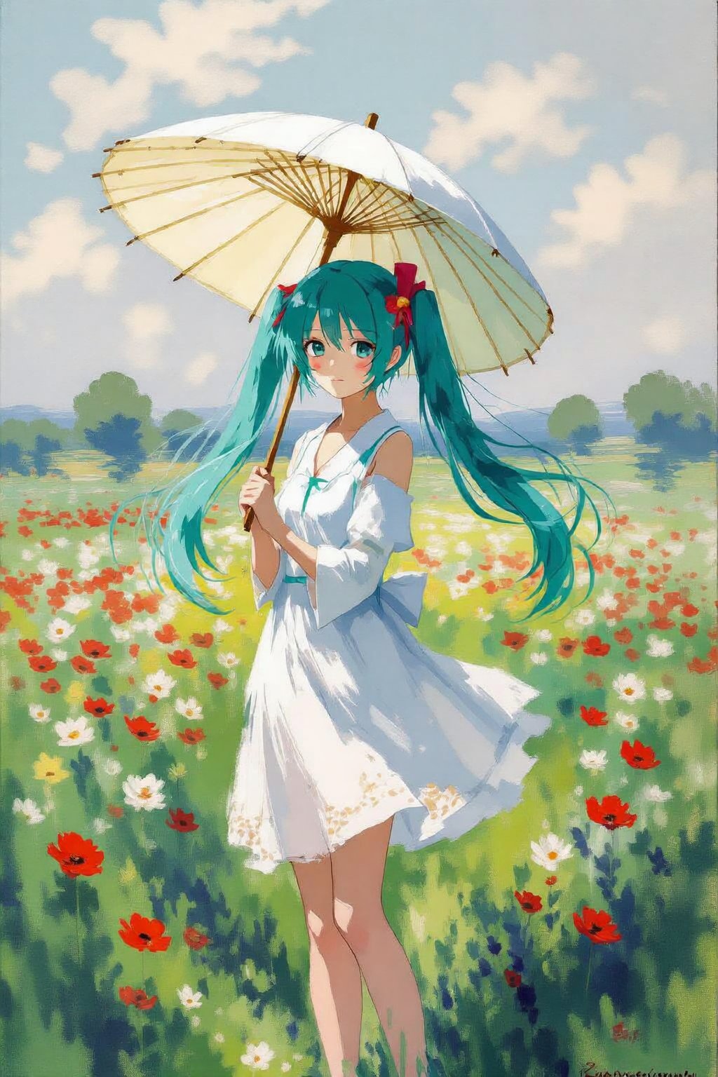 painting of hatsune miku by Claude Monet. The girl,  dressed in a white sundress,  is wielding a parasol. Wind blows her l...