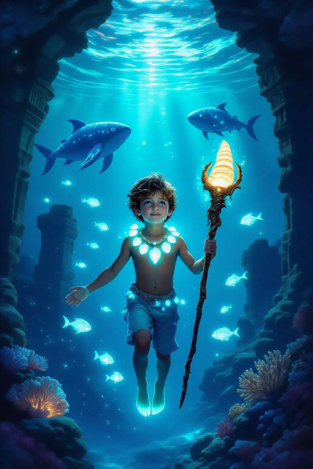 Beneath a glowing,  enchanted sea,  a young boy floats among ancient coral ruins. His skin shimmers with bioluminescent li...