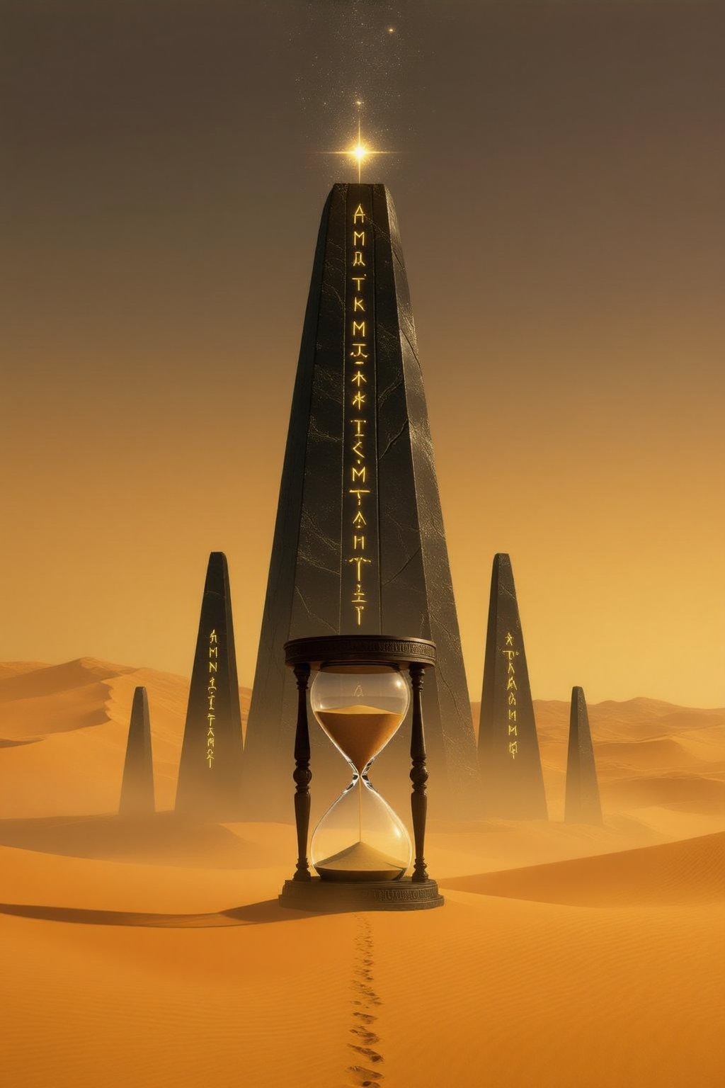 In the heart of a vast,  golden desert,  an ancient temple rises from the sands—its obsidian spires piercing the hazy sky....
