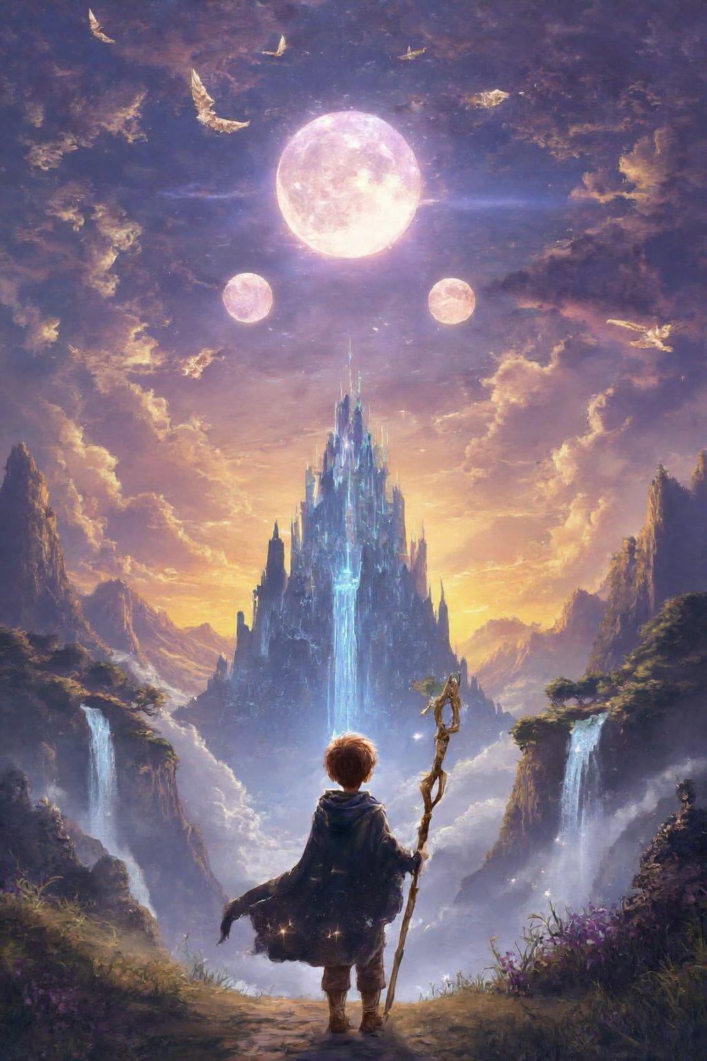 In the heart of a breathtaking fantasy world,  bathed in magical hues and ethereal light,  stands a young boy on the edge...