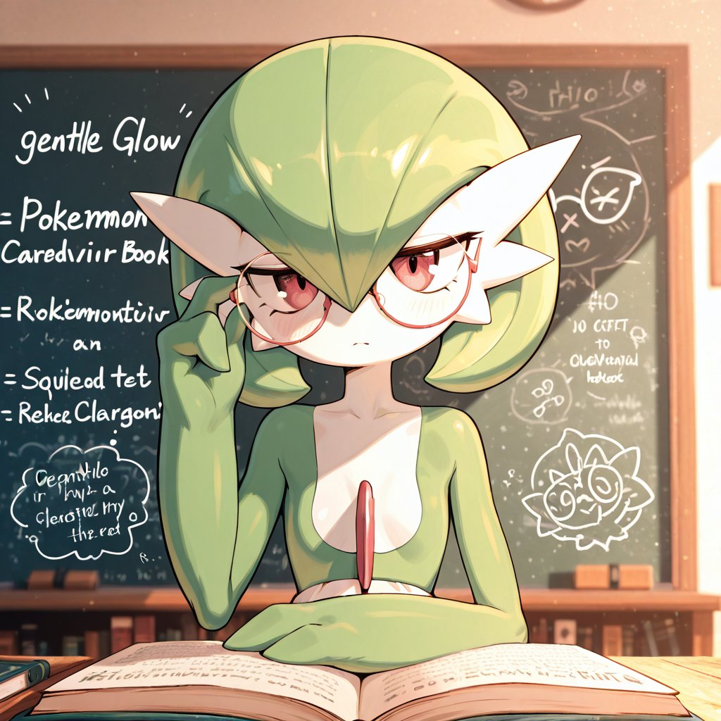 Front view,  solo Pokémon Gardevoir with squinted eyes and oversized round glasses perched low on her nose,  intently tryi...