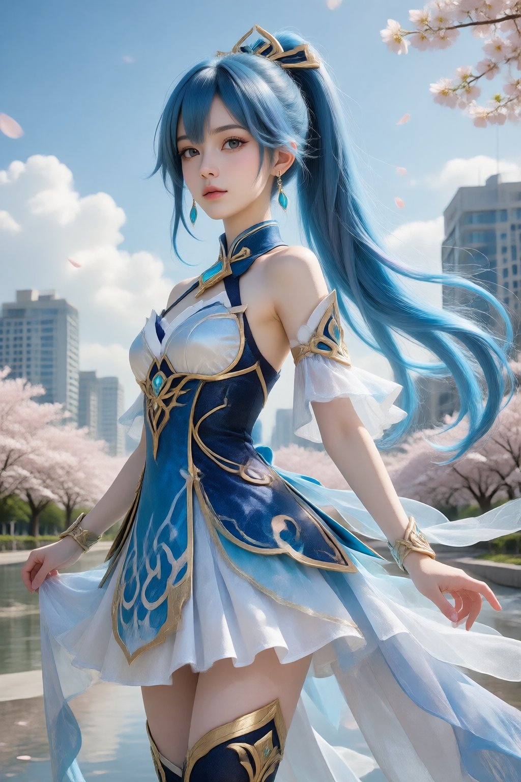 A young woman with long,  flowing blue hair tied into a high ponytail,  with streaks of purple by 天TIN on Tensor.Art