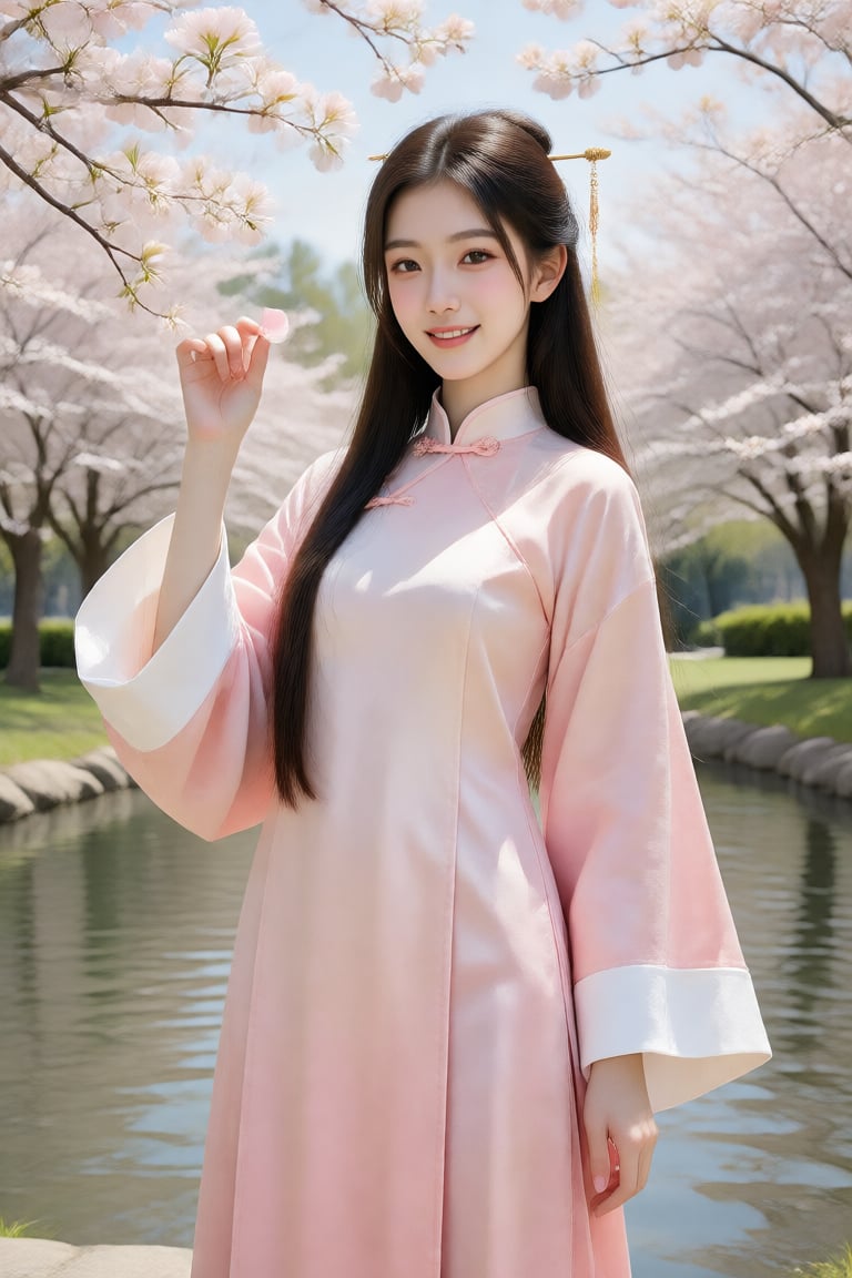 a young Asian woman standing in a serene outdoor setting,  likely a garden or park,  during springtime. She is dressed in...