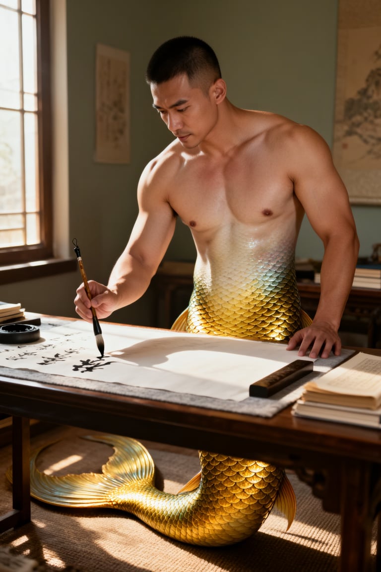 人鱼族男性,  短发,  金色鱼尾。他身材魁梧 by 一起旅行 on Tensor.Art