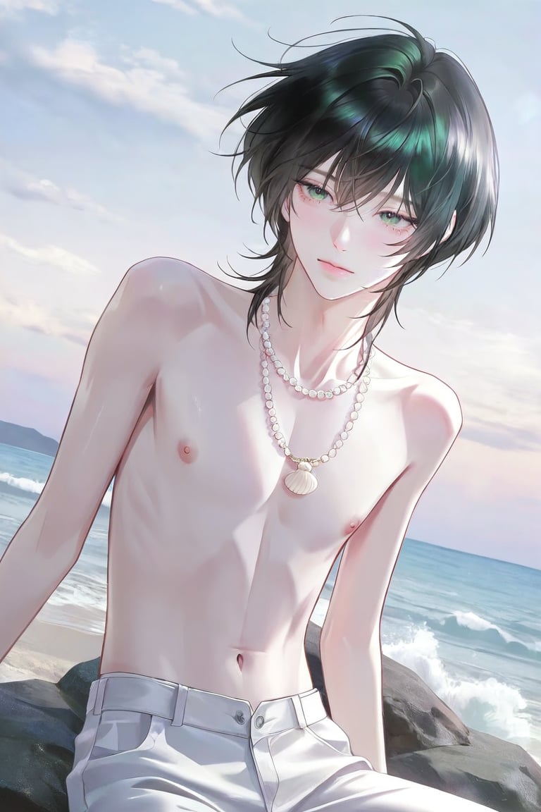 1boy,  solo,  long messy wolf cut hair pretty face by BeyaBeblyn on Tensor.Art