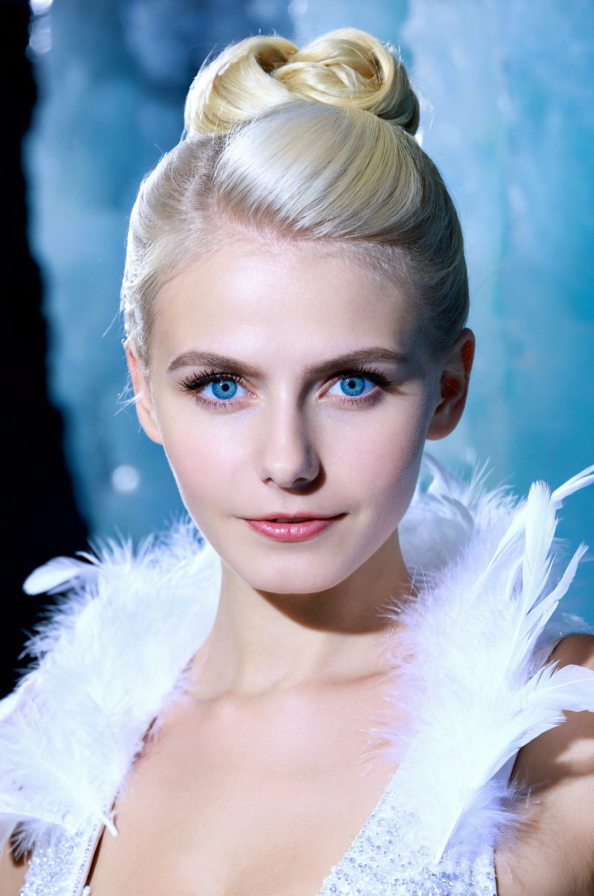 Head-and-shoulders portrait of woD4kP1,  blonde woman with platinum hair styled in an elegant updo,  icy blue eyes by wesl...