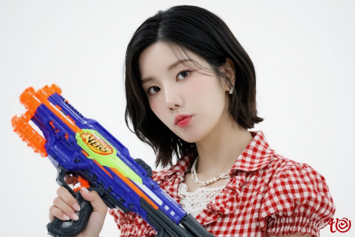 The woman in the image is holding a colorful Nerf gun,  dressed in a red and white checkered blouse with ruffled sleeves a...