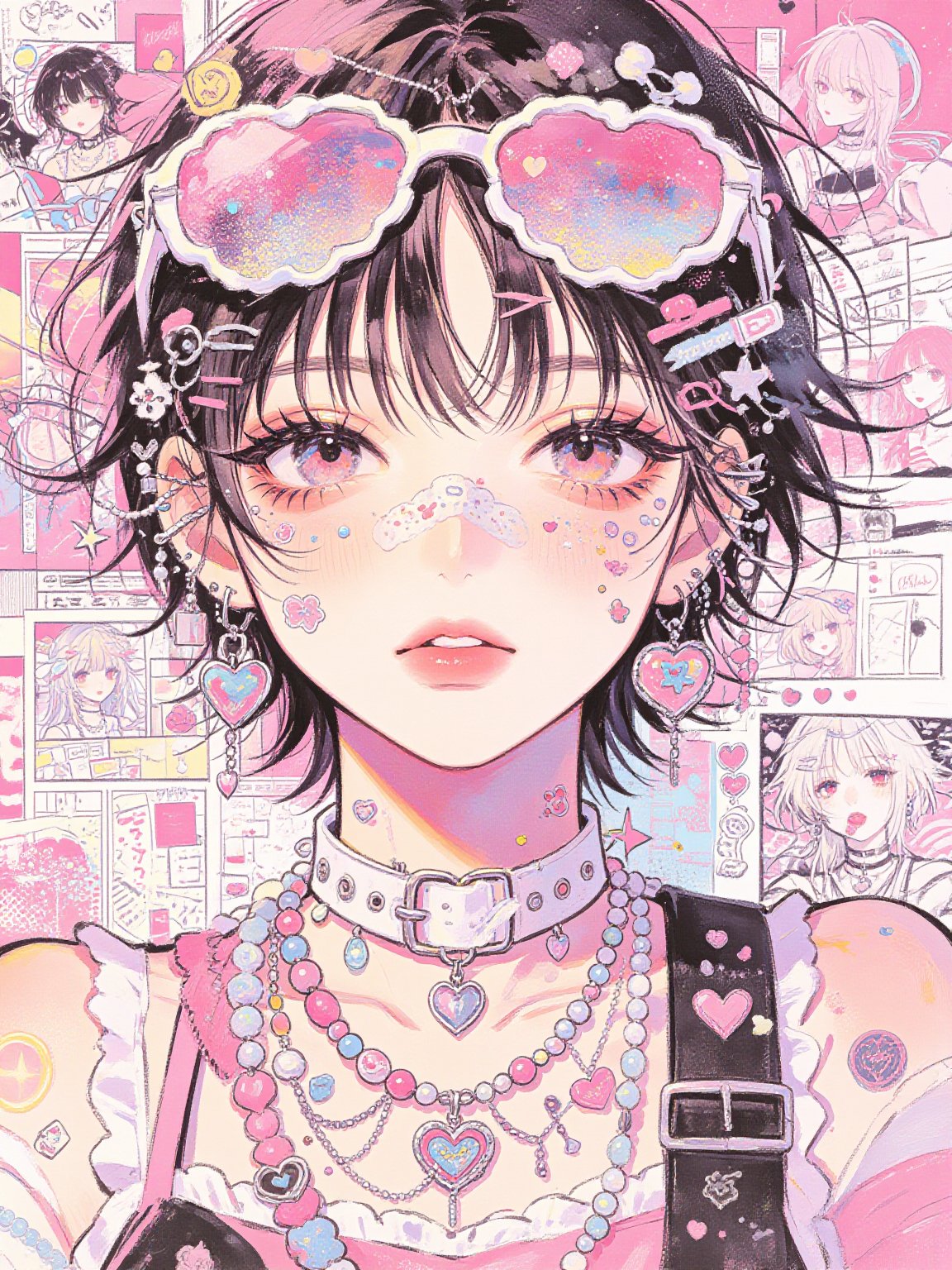 Sweet Japanese Anime Illustration,  短发少女戴云朵墨镜,  面贴彩色亮片。佩戴繁复爱心饰品、串珠项链与项圈。背景点缀漫画分镜 by One thought on Tensor.Art