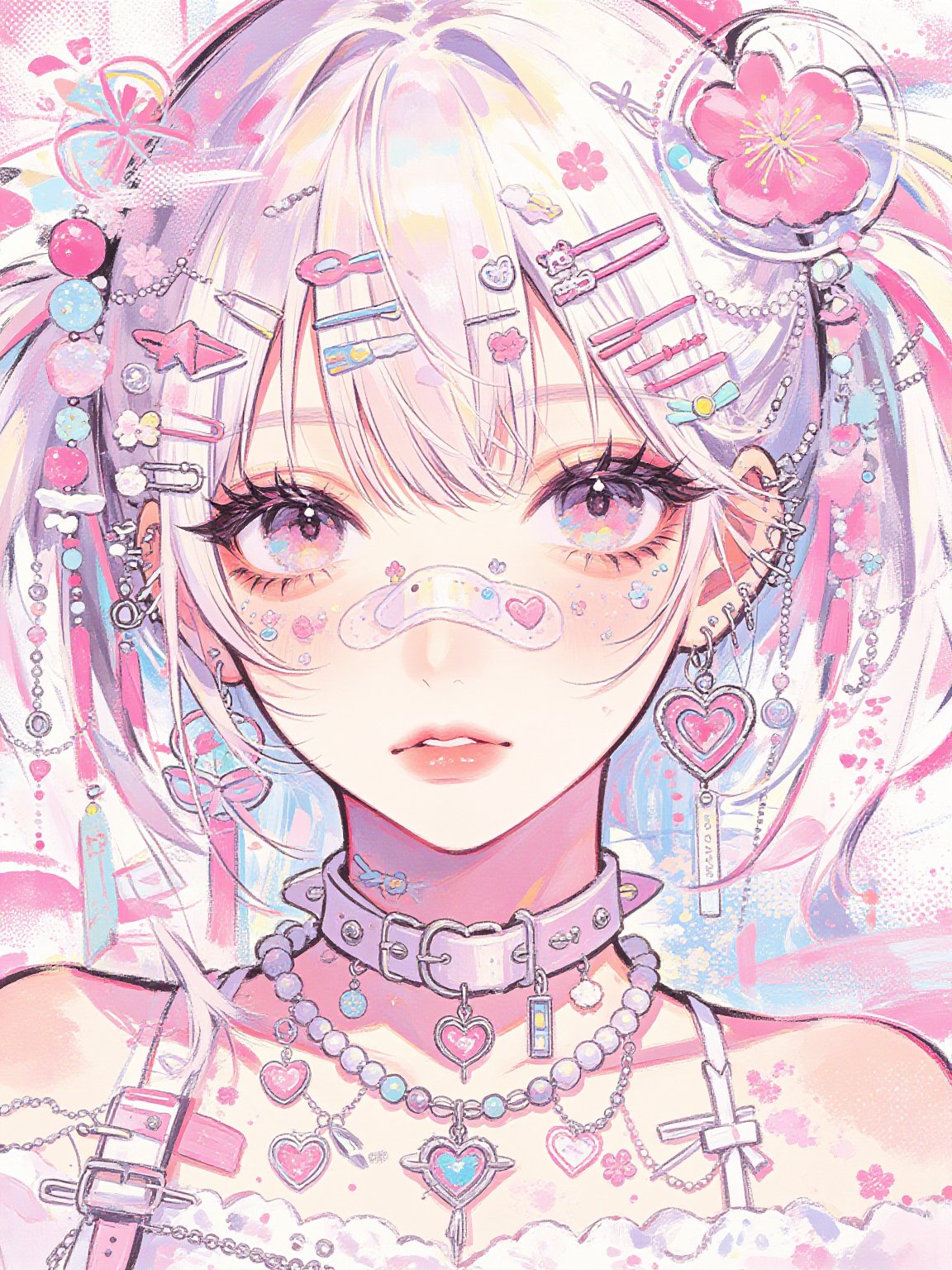 Sweet Japanese Anime Illustration,  白发少女发间缀满樱花发卡,  眼眸如星。鼻贴创可贴 by One thought on Tensor.Art