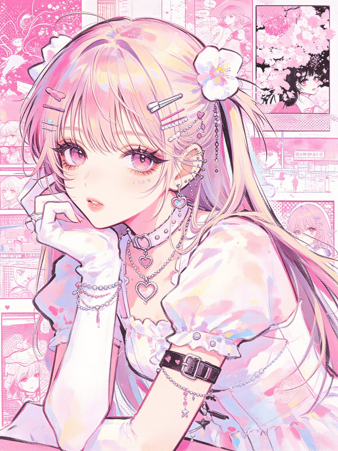 Sweet Japanese Anime Illustration,  粉发粉眸少女托腮,  佩戴精致发夹与心形项圈。身着碎花白裙 by One thought on Tensor.Art