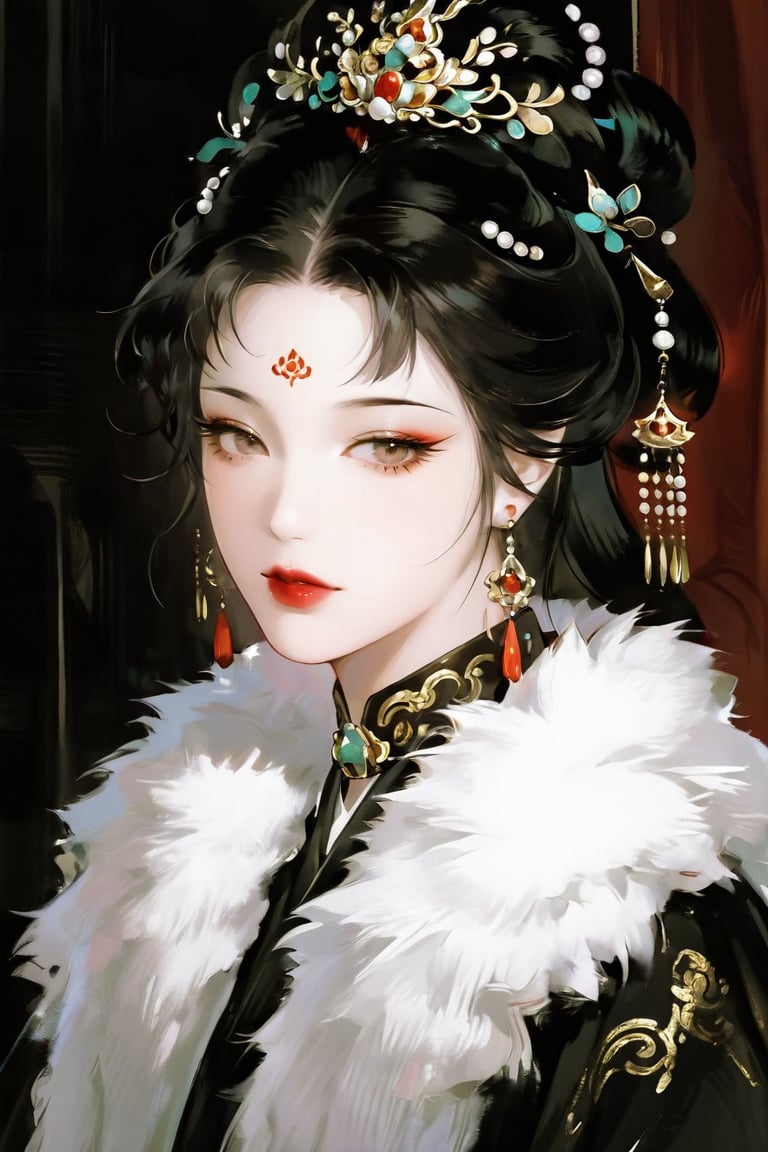This digital illustration depicts a woman with pale skin and refined features,  captured in a three-quarter profile agains...
