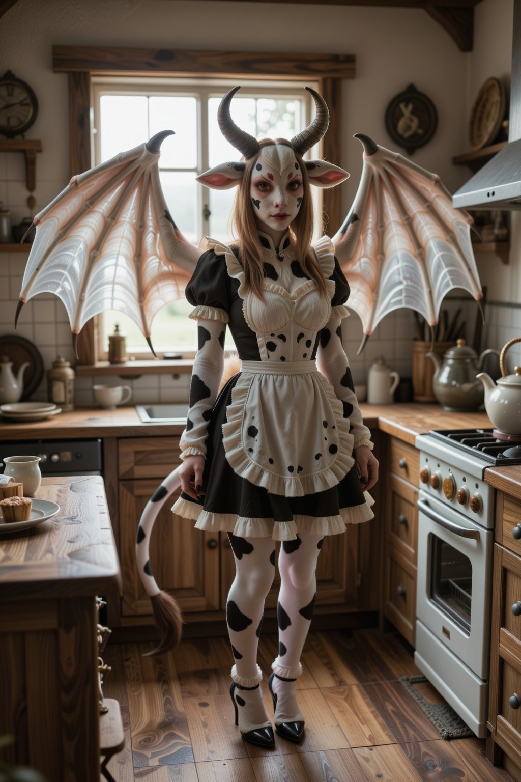 Create a scene where Bovara,  dressed in a maid dress,  stands inside a rustic kitchen. The kitchen is adorned with natura...