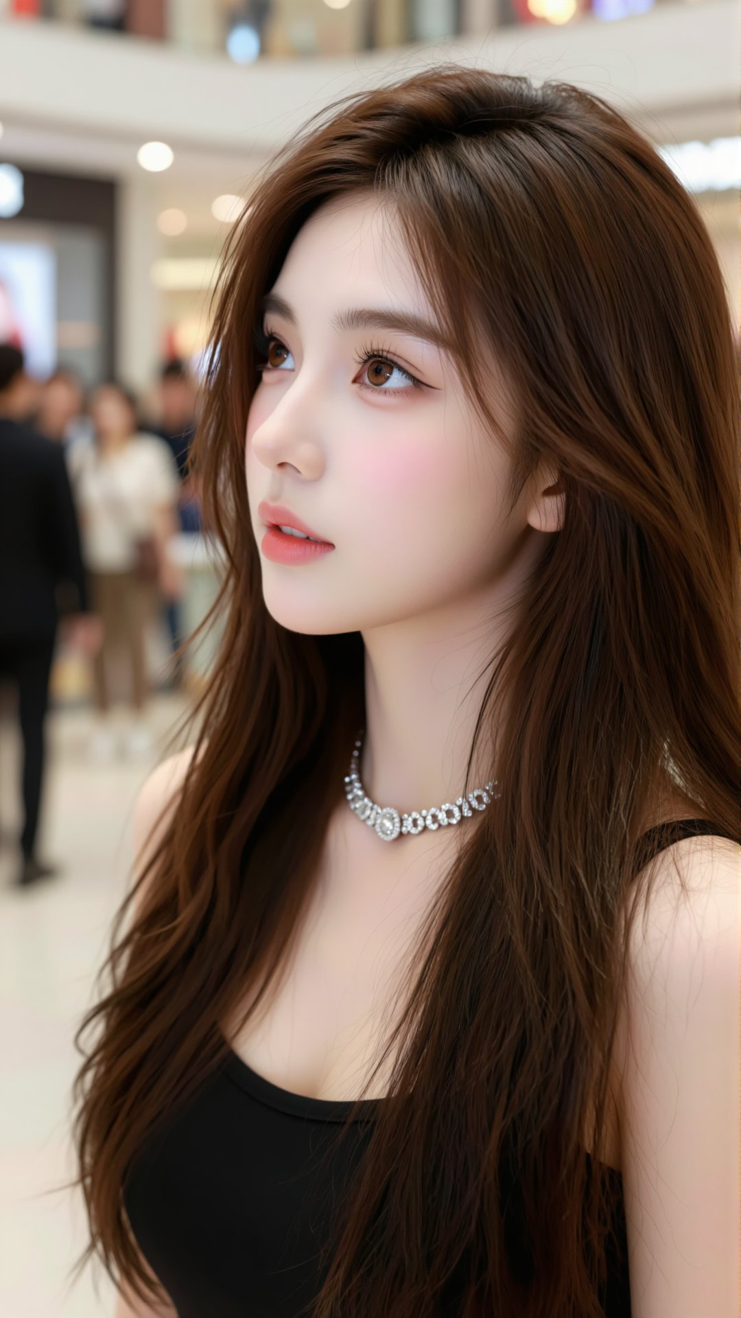 a photo-realistic shoot from a profile camera angle about a young woman with long,  wavy brown hair wearing a diamond neck...