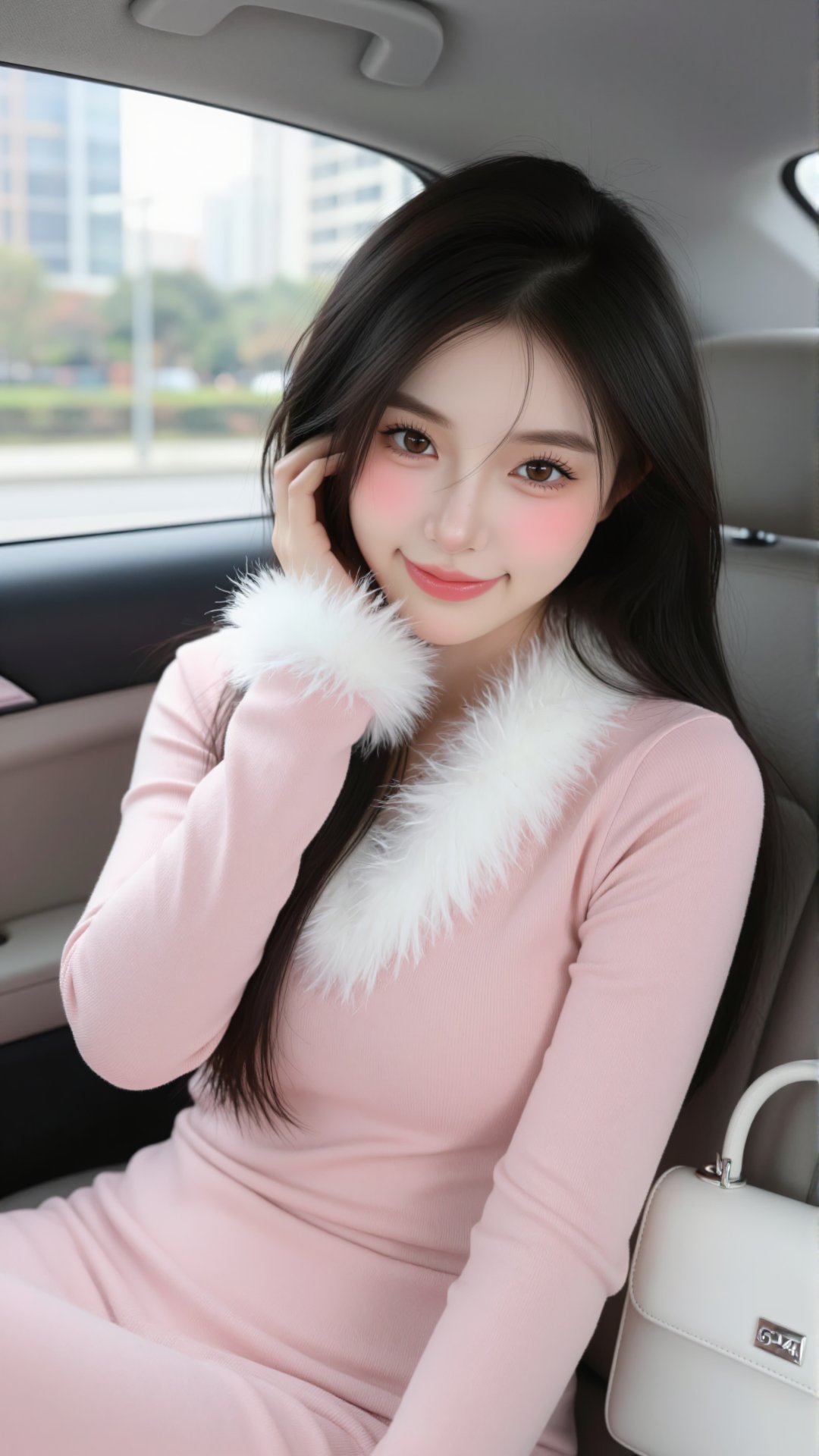 a photo-realistic shoot from the side about a young woman sitting in the backseat of a car,  smiling at the camera,  the w...