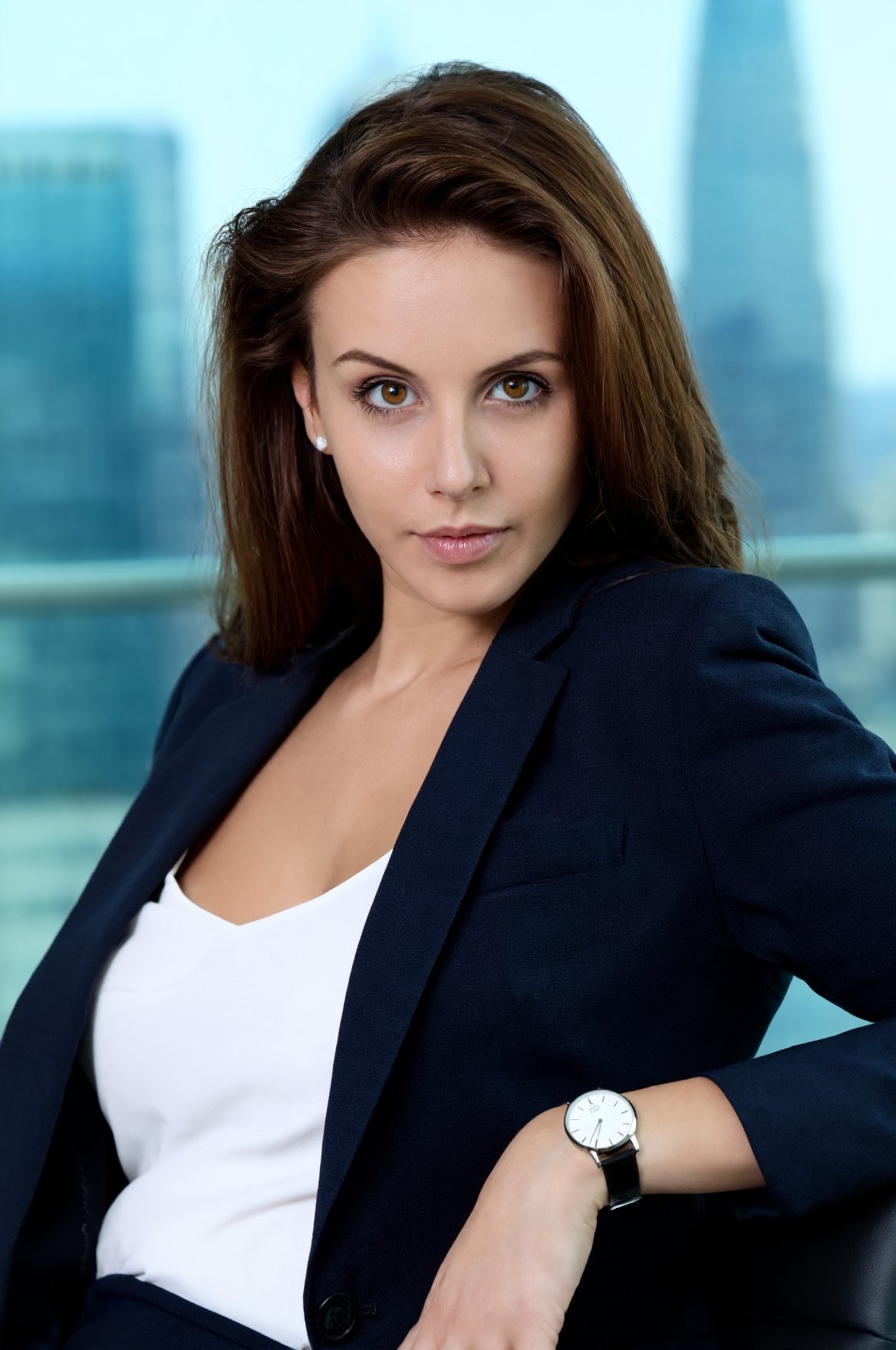 SUBJECT: wo4l1sr3,  woman with brown hair and striking eyes CLOTHING: navy blazer over white top ACCESSORIES: minimalist w...