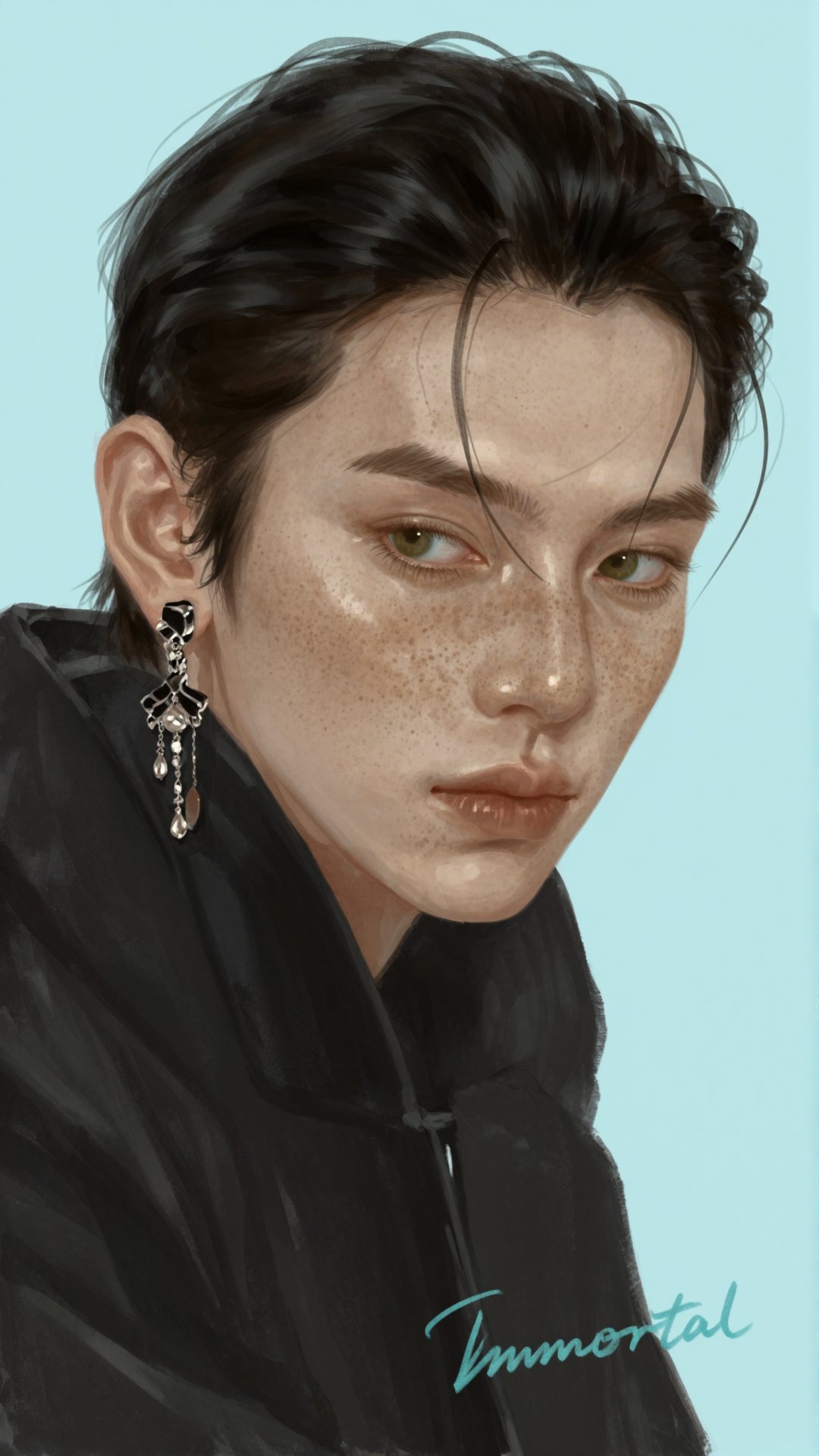 Straight-on close-up head-and-shoulders portrait of a young person with fair skin densely covered in soft natural freckles...