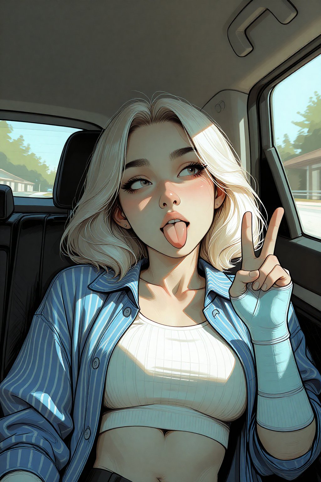 Ivysketch style,  digital illustration of a young girl with platinum wavy hair sits in the passenger seat of a car,  strik...