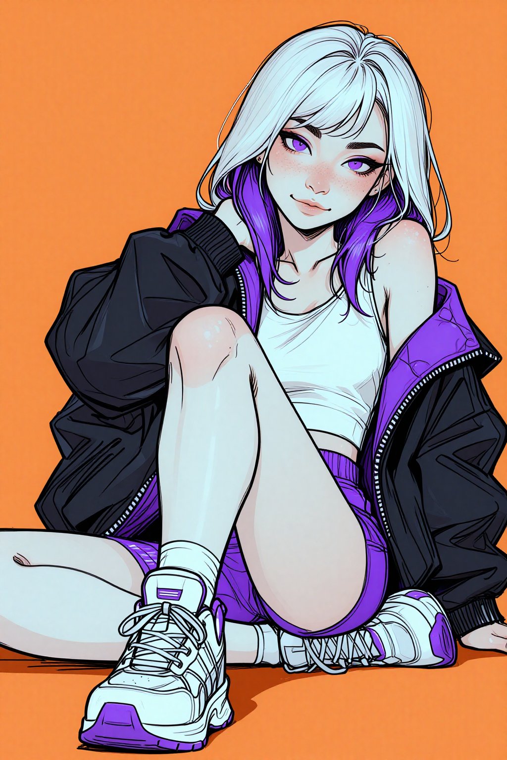 Ivysketch style,  a dynamic digital illustration of a young girl sitting down,  captured from a low angle perspective. She...