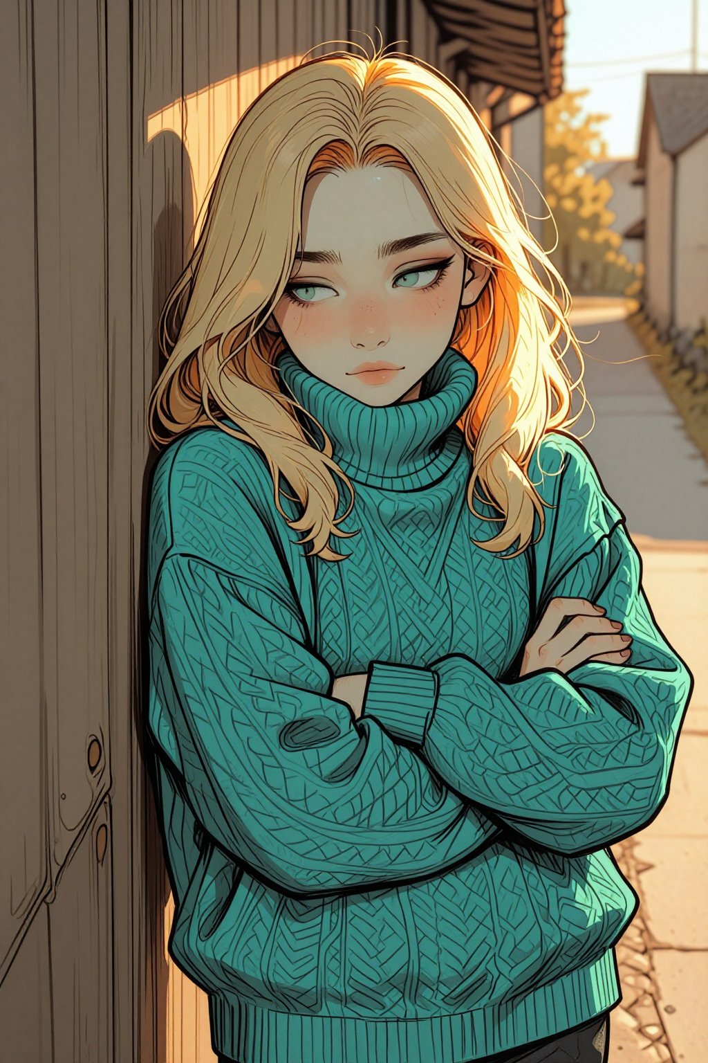 Ivysketch style,  a beautiful digital illustration of a young woman with long wavy blonde hair,  looking away shyly down a...