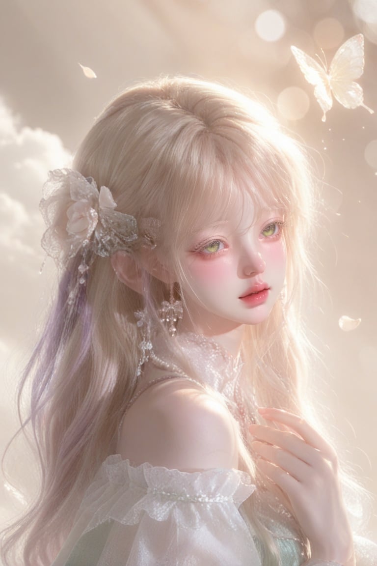 Close-up cinematic portrait of a cute ethereal ancient Chinese fairy maiden,  soft dreamy expression with a gentle smile,...