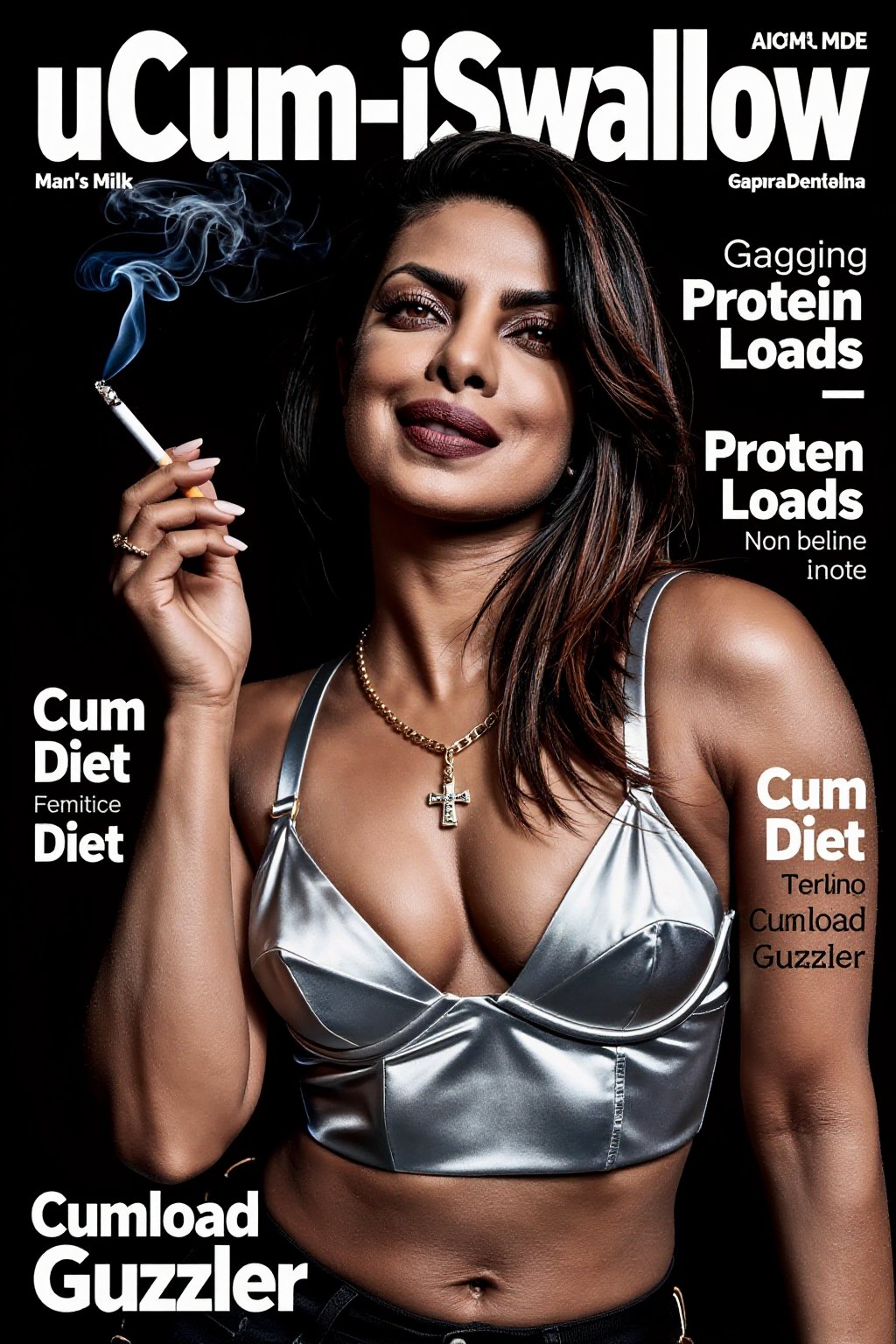 Create a magazine front cover that shows a brown eyed brunette woman in a silver satin crop top,  holding up a lit cigaret...