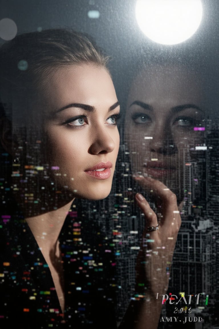 Award-winning color photo of a beautiful girl,  up close to a reflective window,  looking out at a beautiful cityscape whi...
